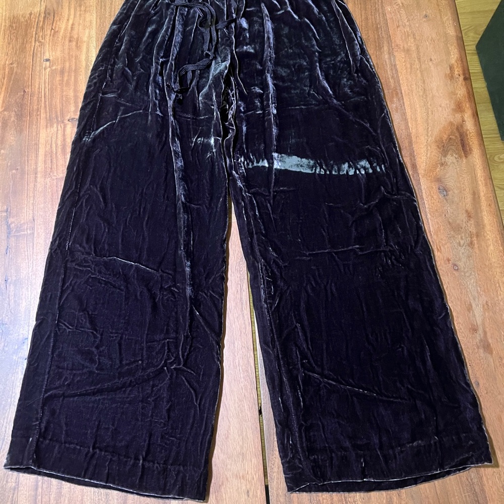 CAbi Wide Leg Silk Velvet Pants in a rich plum purple